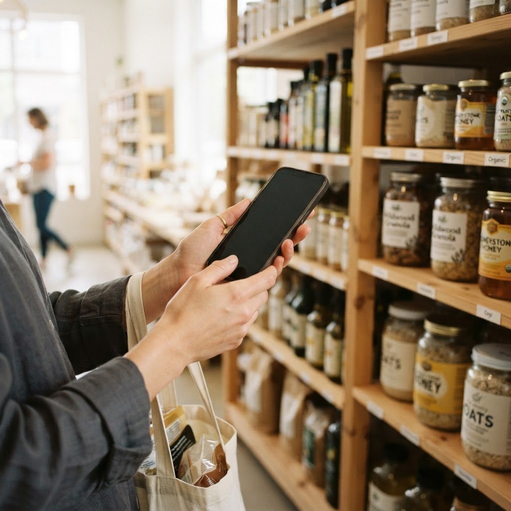 Cliente usando su celular mientras compra en la dietética